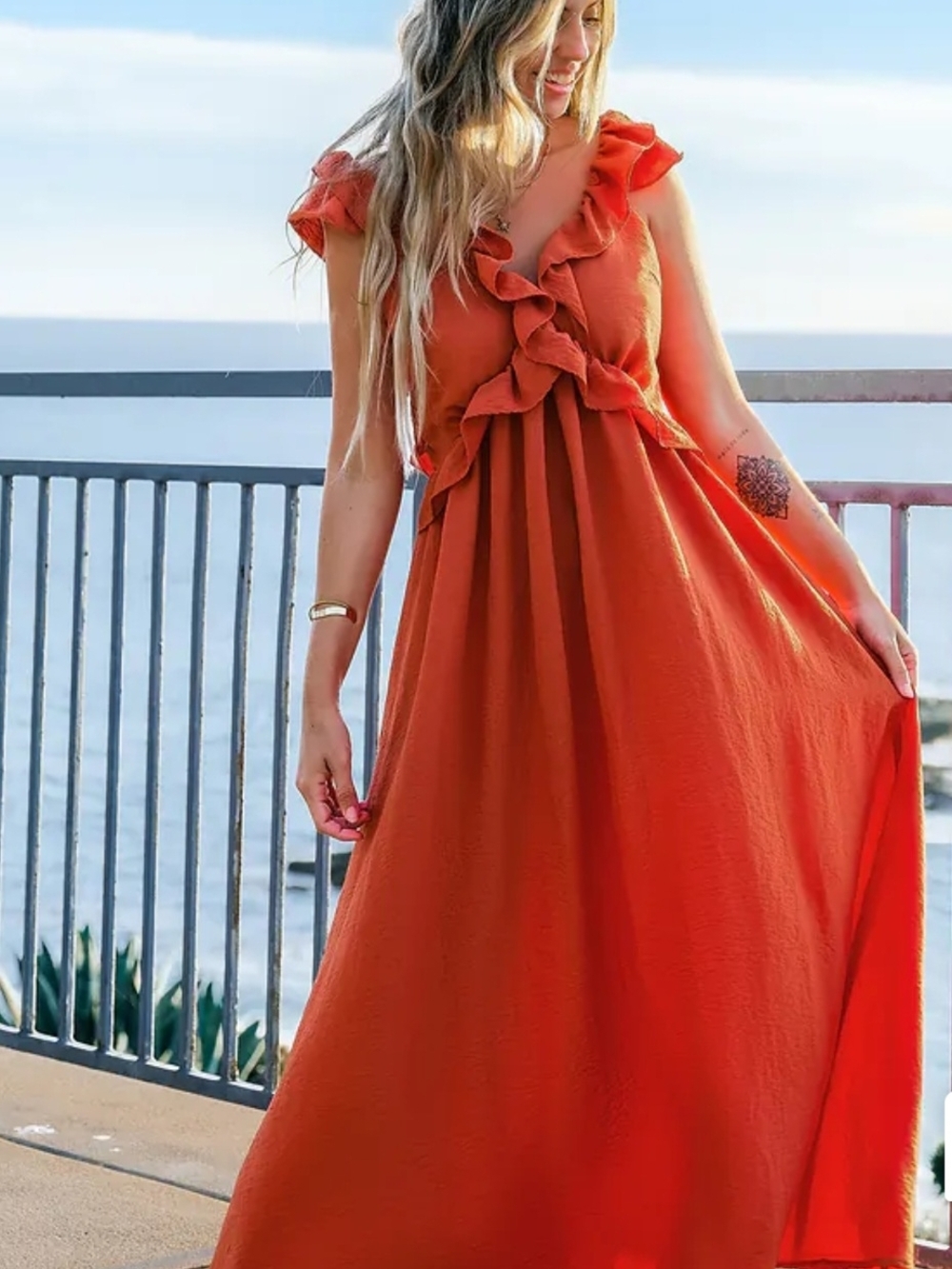 Coral Rust Ruffle Maxi Dress Open Back Tie | Boho Coastal | L/XL